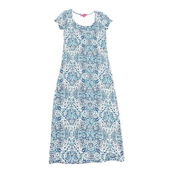 Lilly Pulitzer Women's S Blue & White Boho Printed Maxi Dress Short Sleeve Long - Picture 3 of 5